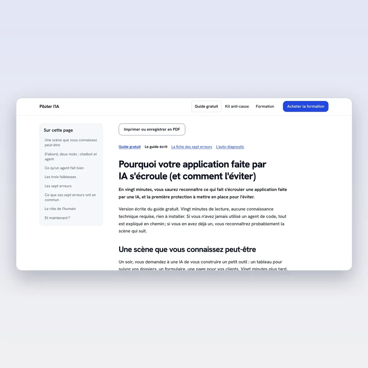 Guide gratuit (capture des pages publiques).