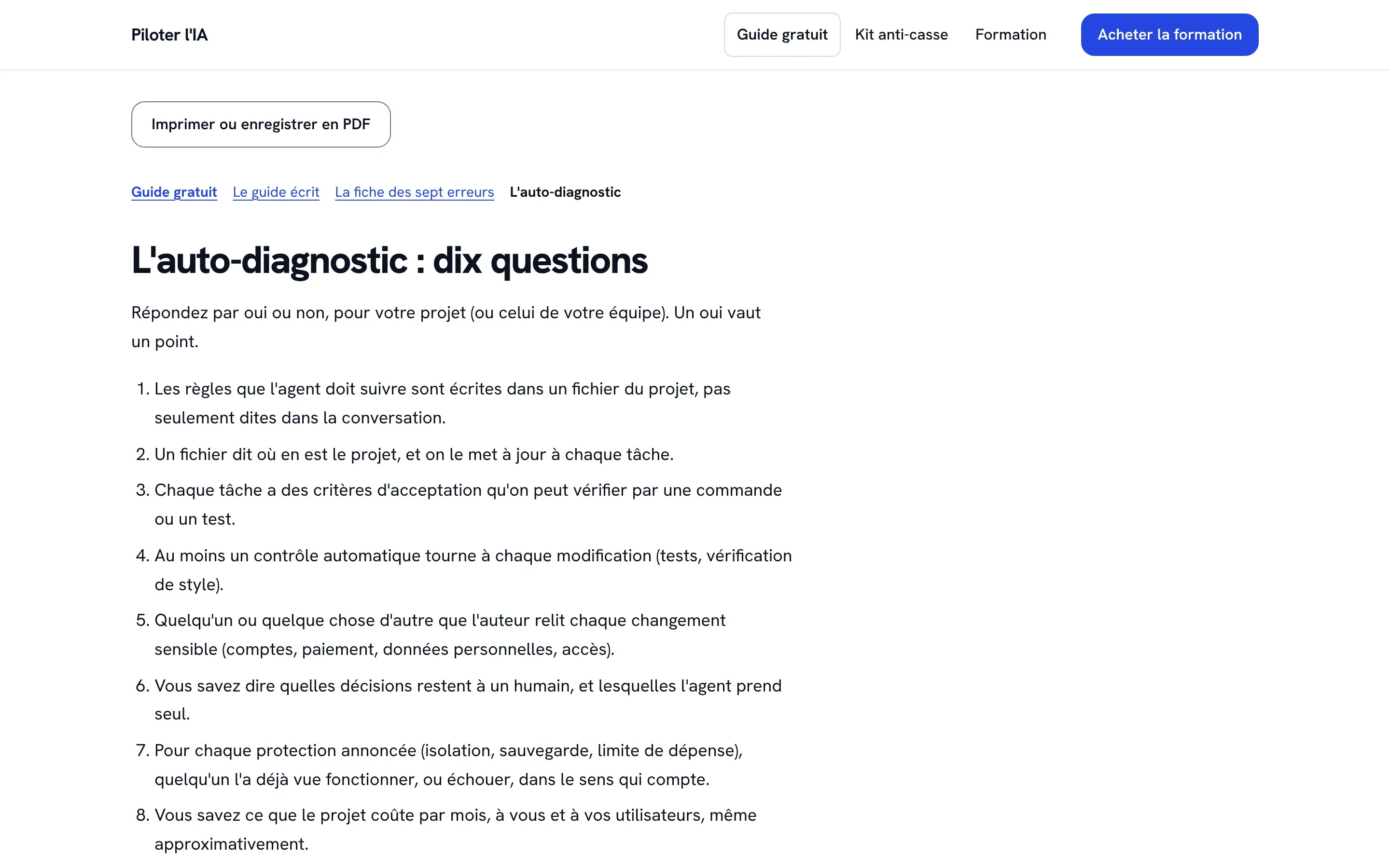 Auto-diagnostic en dix questions (capture des pages publiques).